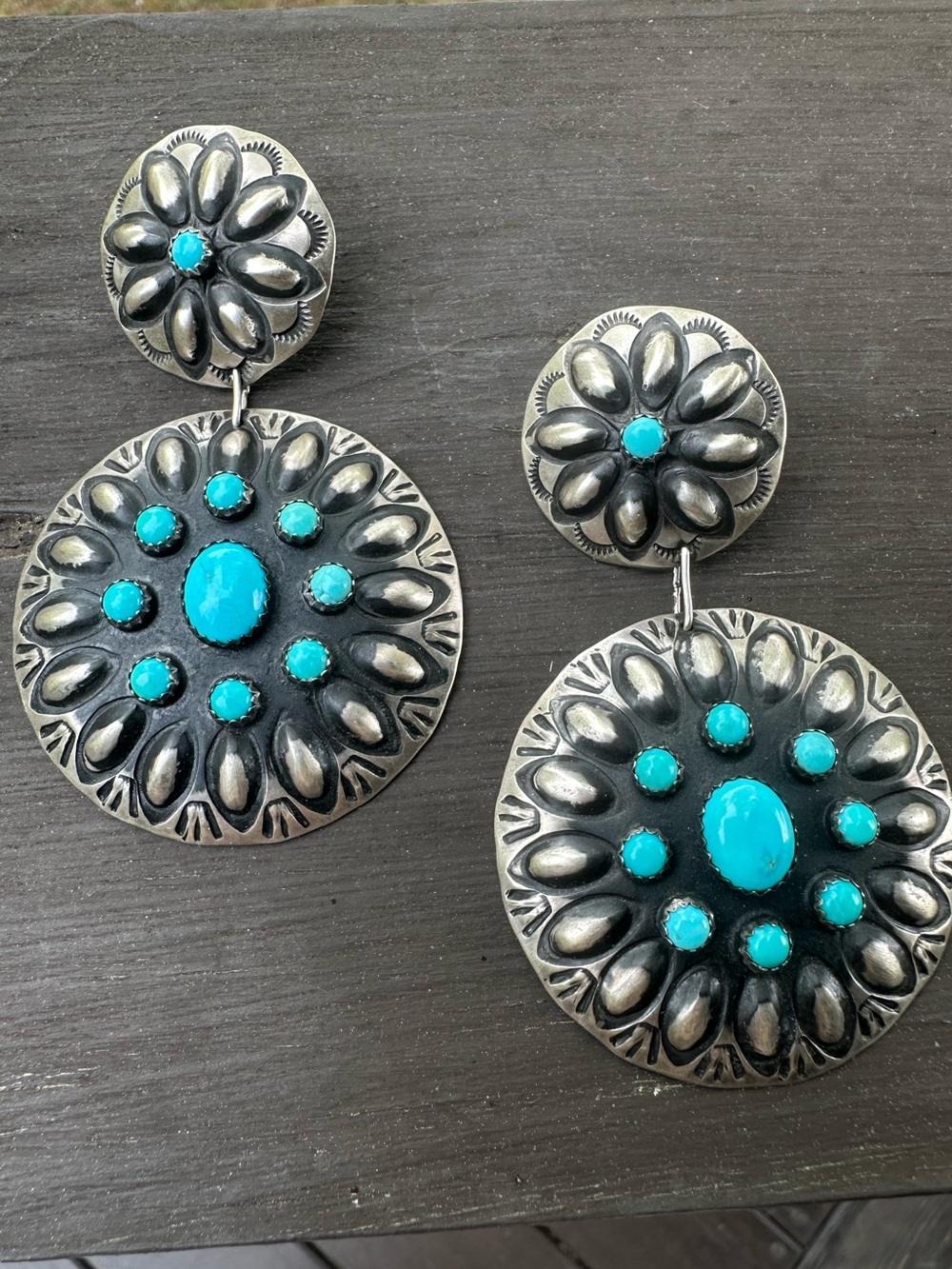Navajo Leander Tahe Turquoise & Sterling Silver Concho Dangle Earrings